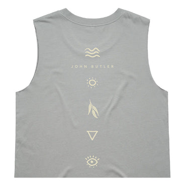 A gray ladies tank top with a print design at the back, including text that reads 'John Butler' and various symbols.