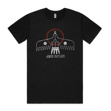 Black crew neck t-shirt with graphic artwork featuring bird and text 'John Butler'.