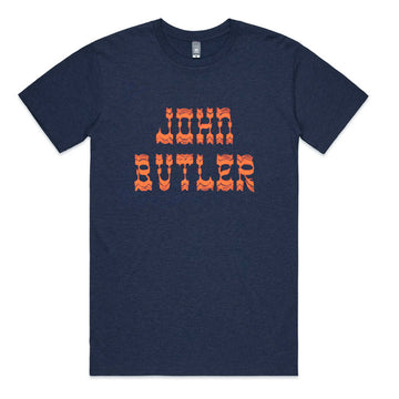 Navy blue t-shirt with 'John Butler' text in a blue and orange gradient design on the front.