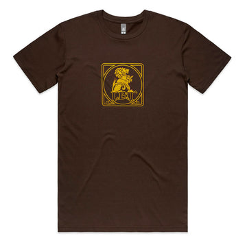 A brown crew neck t-shirt with a yellow square logo featuring a lion emblem in the center.