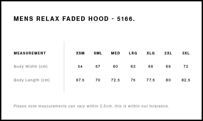 Size chart for 'Mens Relax Faded Hood' with measurements in centimeters.