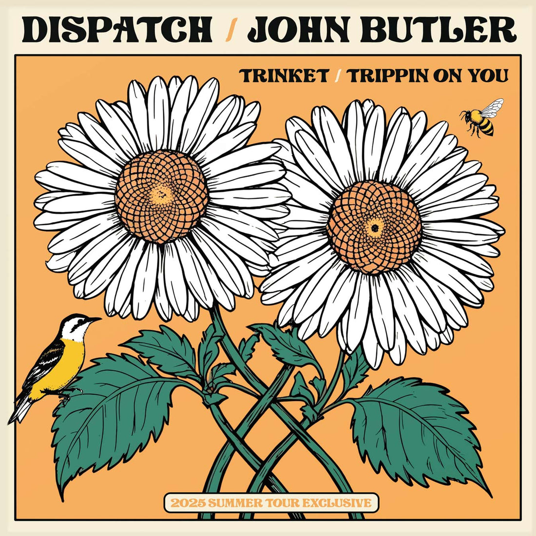 Album cover with two flowers, a bird, and text on an orange background