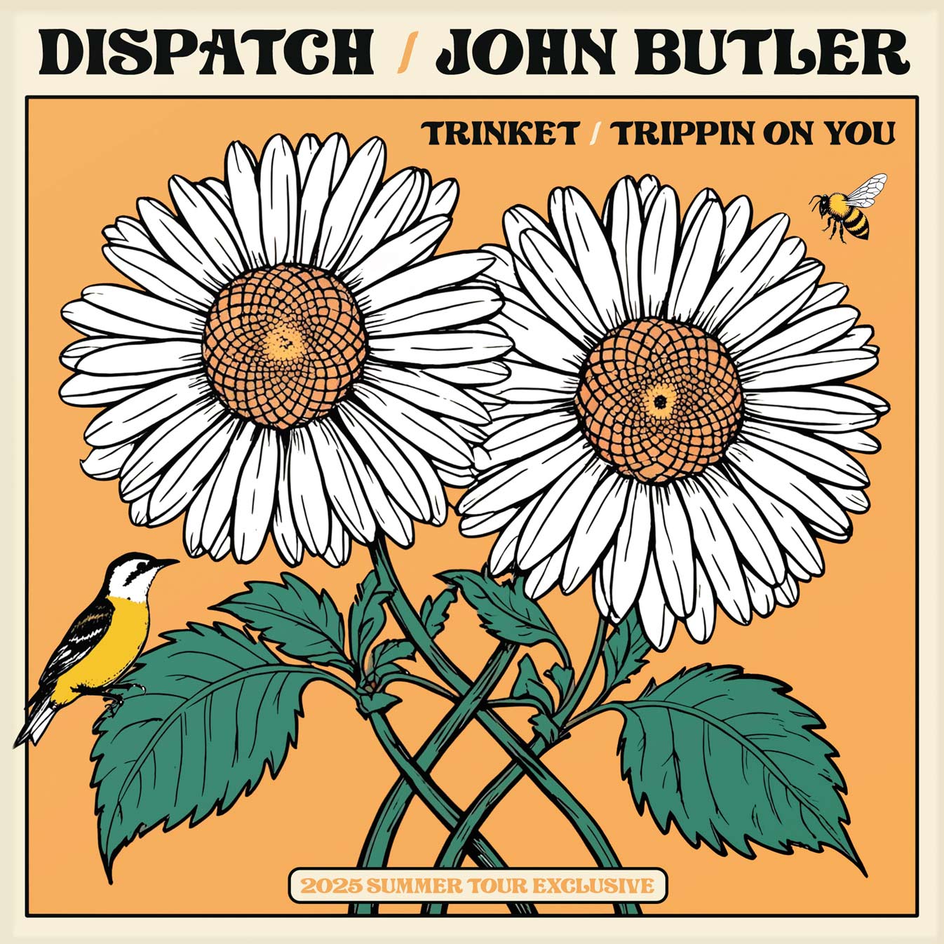 Album cover with two flowers, a bird, and text on an orange background