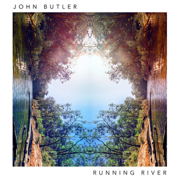 CD cover art featuring a symmetrical photograph of trees and sky, with the artist's name 'John Butler' and album title 'RUNNING RIVER' printed at the top and bottom.