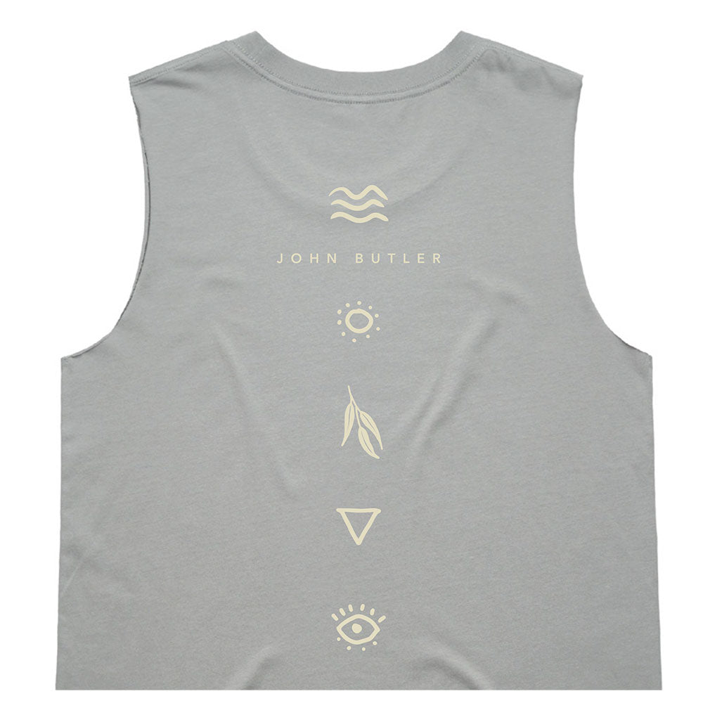 A gray ladies tank top with a print design at the back, including text that reads 'John Butler' and various symbols.