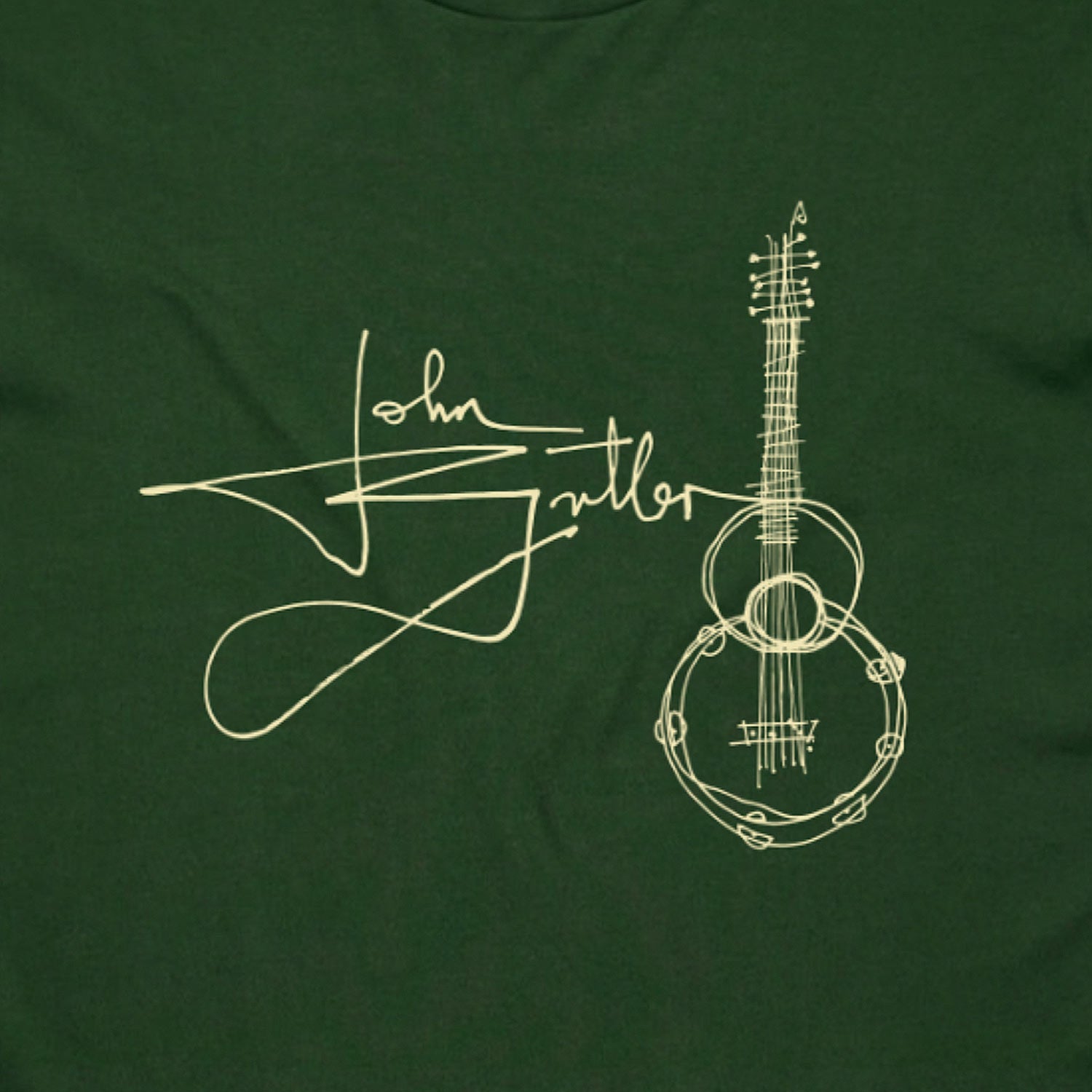 Green t-shirt with a guitar graphic and signature in a lemon yellow print