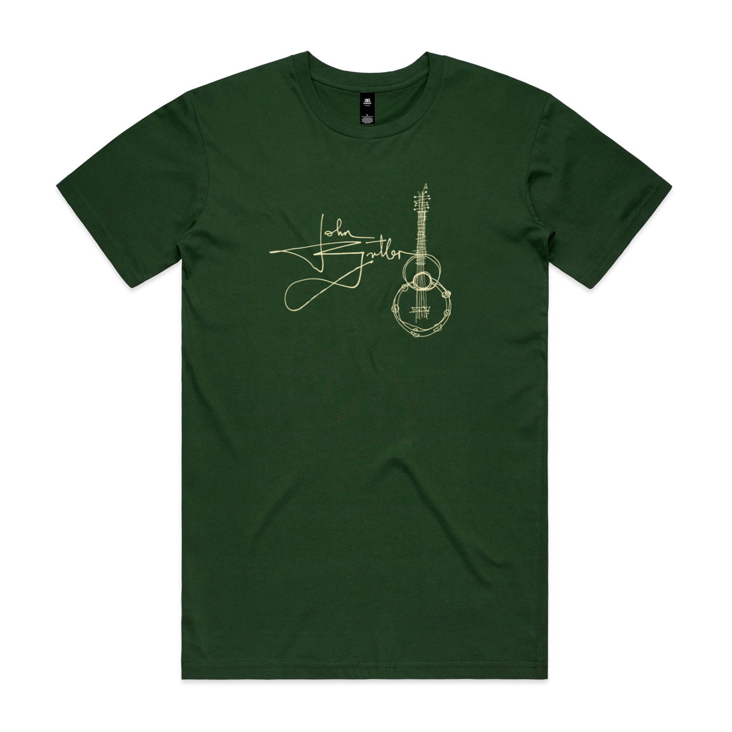 Green t-shirt with a guitar graphic and signature in a lemon yellow print