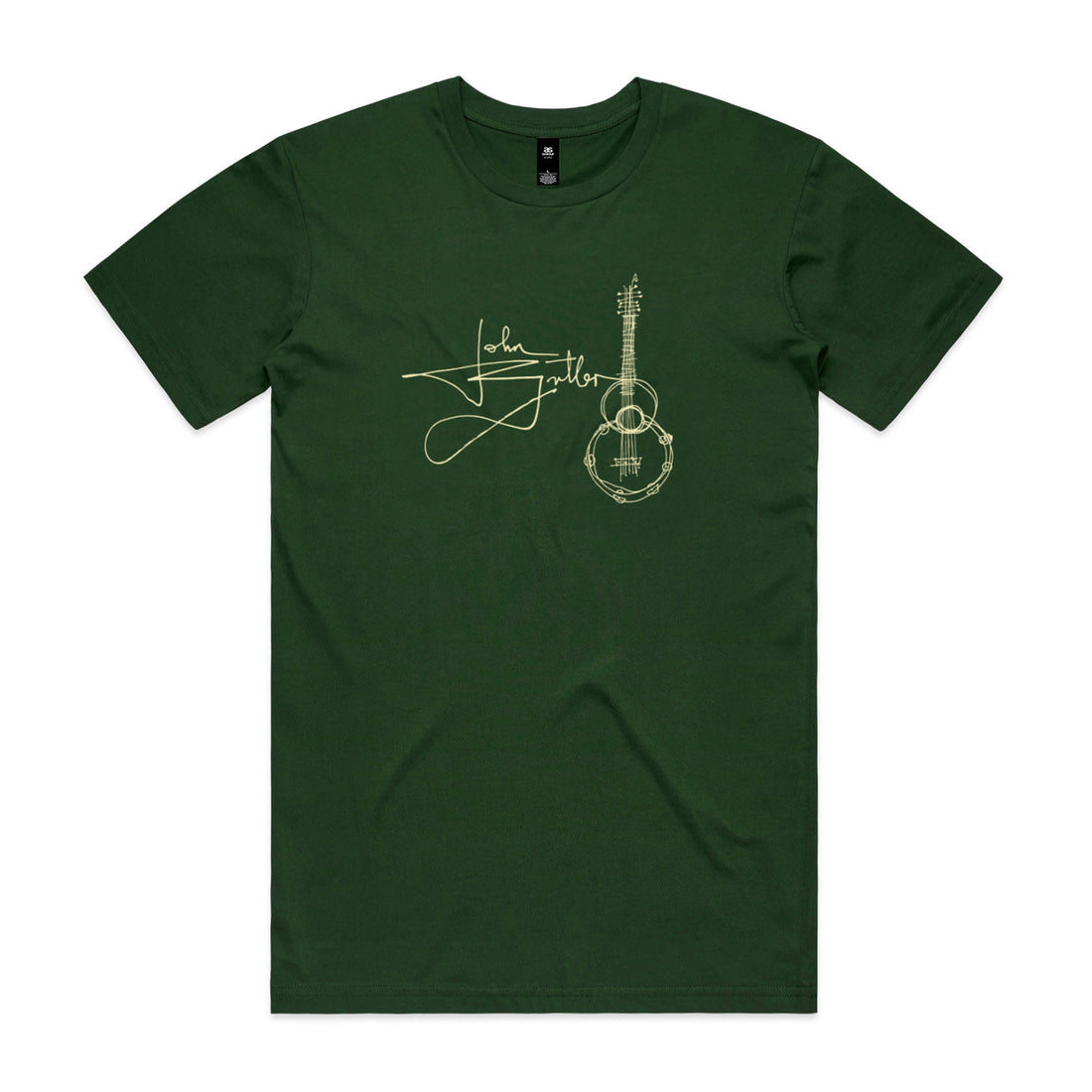 Green t-shirt with a guitar graphic and signature in a lemon yellow print