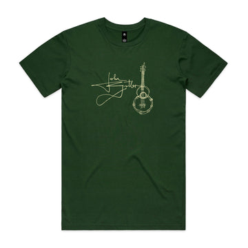 Green t-shirt with a guitar graphic and signature in a lemon yellow print
