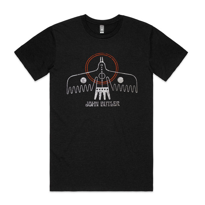 Black crew neck t-shirt with graphic artwork featuring bird and text 'John Butler'.