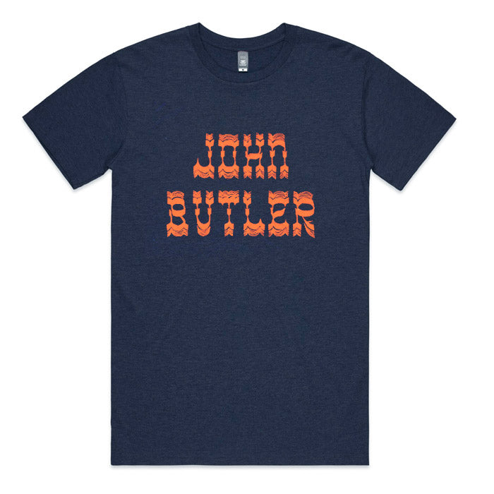 Navy blue t-shirt with 'John Butler' text in a blue and orange gradient design on the front.