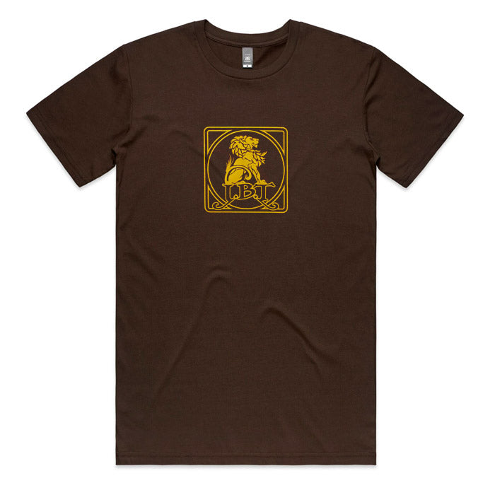 A brown crew neck t-shirt with a yellow square logo featuring a lion emblem in the center.